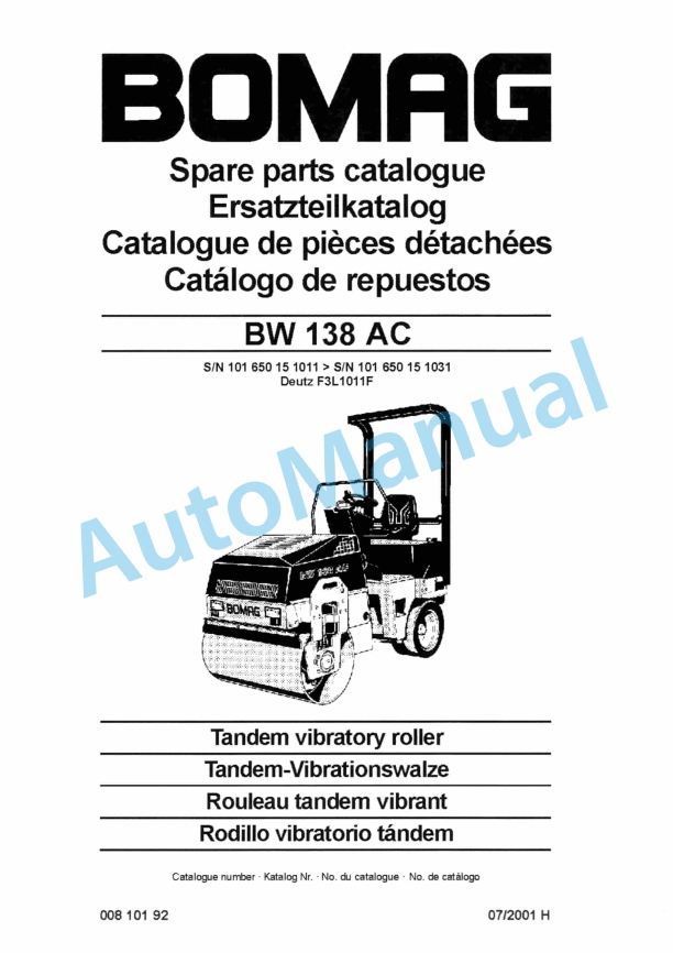 Bomag BW 138 AC Tandem Vibratory Roller Spare Parts Catalogue 00810192