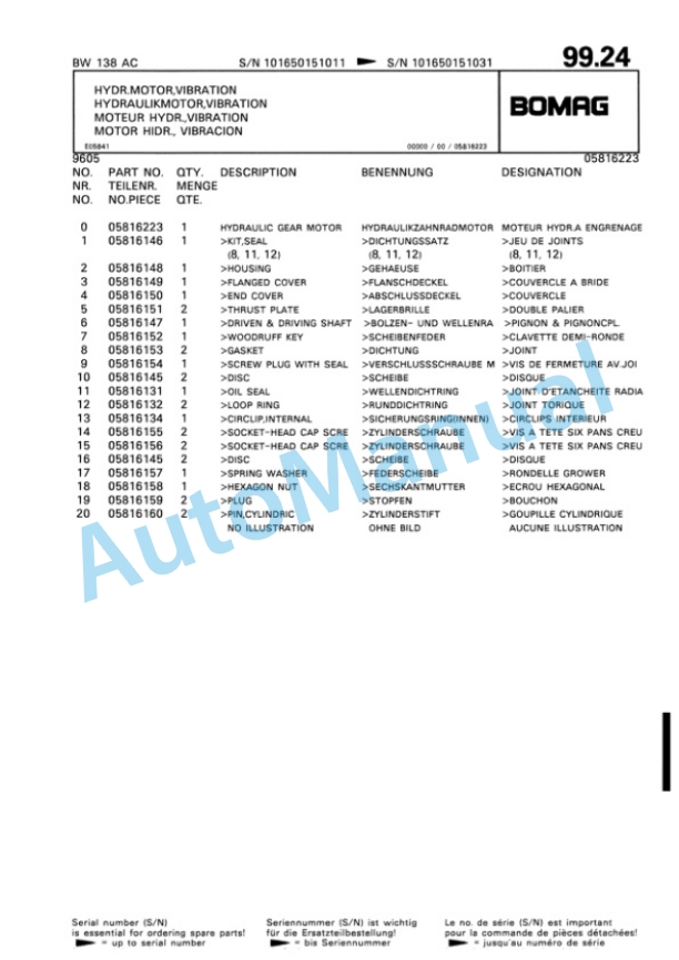 Bomag BW 138 AC Tandem Vibratory Roller Spare Parts Catalogue 00810192-5