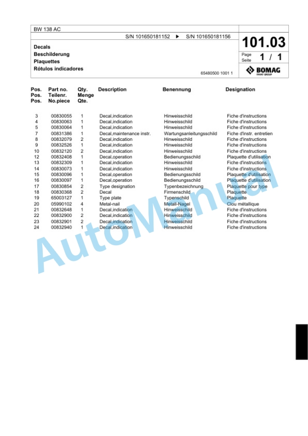 Bomag BW 138 AC Tandem Vibratory Roller Spare Parts Catalogue 00818361-4