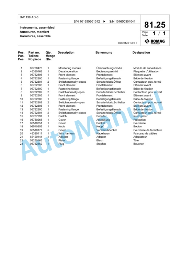 Bomag BW 138 AD-5 Tandem Vibratory Roller Spare Parts Catalogue 00818721-2