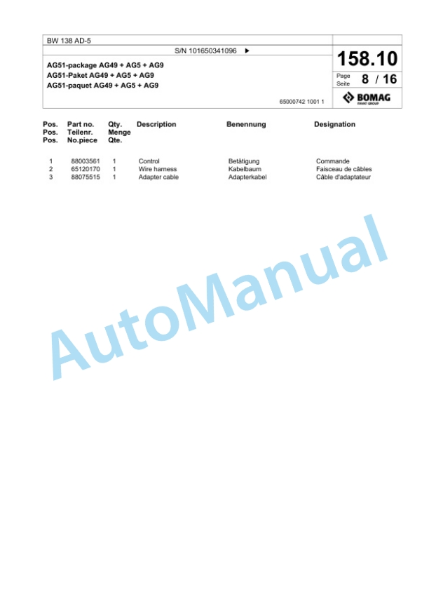 Bomag BW 138 AD-5 Tandem Vibratory Roller Spare Parts Catalogue 00824921-4