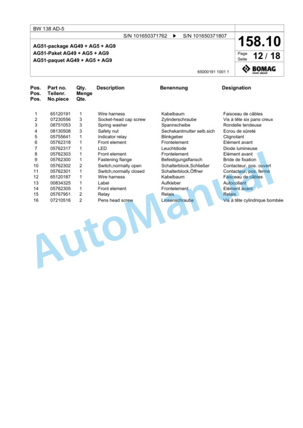 Bomag BW 138 AD-5 Tandem Vibratory Roller Spare Parts Catalogue 00824927-4