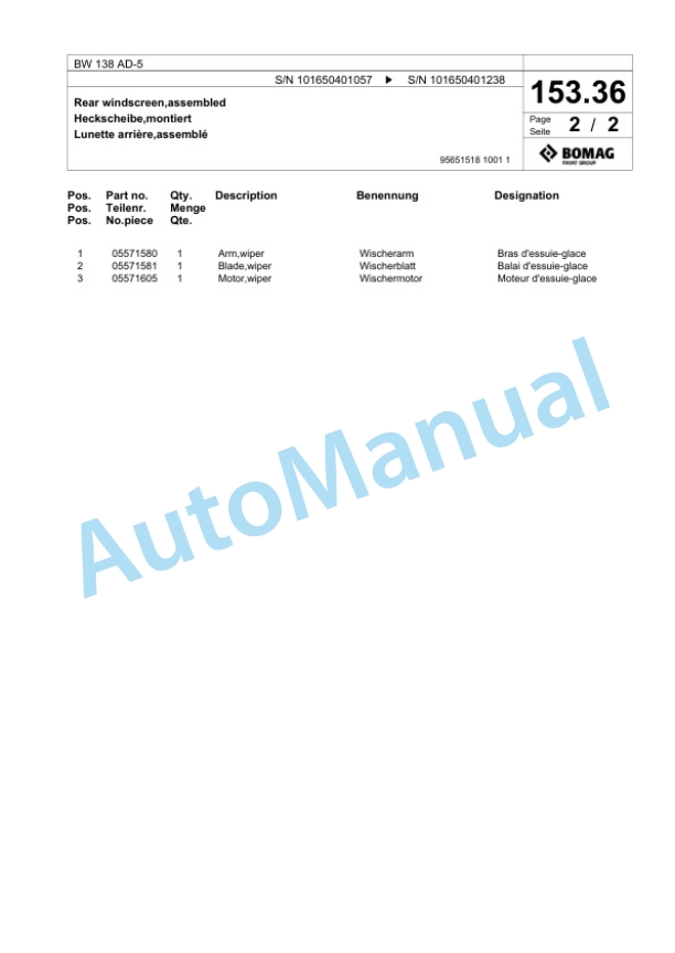 Bomag BW 138 AD-5 Tandem Vibratory Roller Spare Parts Catalogue 00825351-3