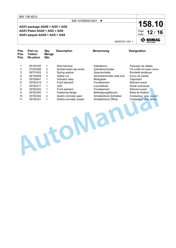 Bomag BW 138 AD-5 Tandem Vibratory Roller Spare Parts Catalogue 00825365-4