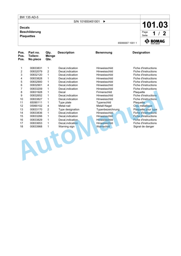 Bomag BW 138 AD-5 Tandem Vibratory Roller Spare Parts Catalogue 00825369-2