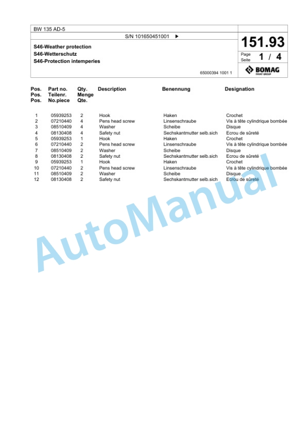 Bomag BW 138 AD-5 Tandem Vibratory Roller Spare Parts Catalogue 00825369-3