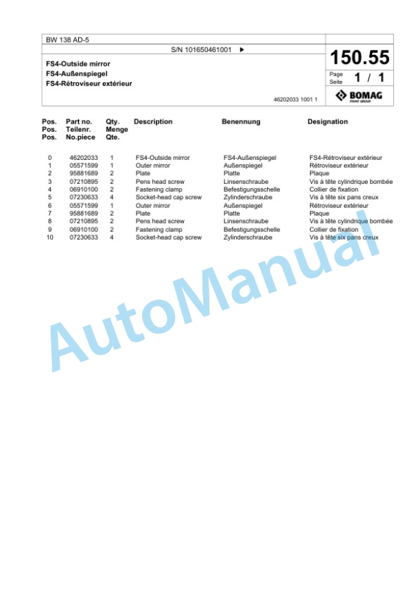 Bomag BW 138 AD-5 Tandem Vibratory Roller Spare Parts Catalogue 00825559-2
