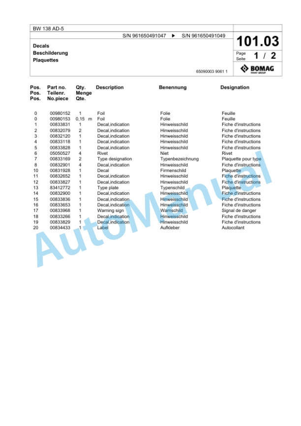 Bomag BW 138 AD-5 Tandem Vibratory Roller Spare Parts Catalogue 00826579-2