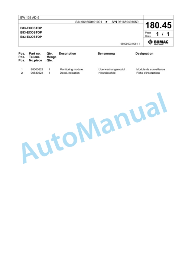 Bomag BW 138 AD-5 Tandem Vibratory Roller Spare Parts Catalogue 00826579-5