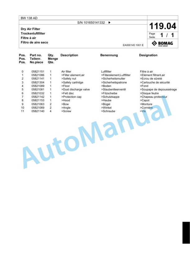 Bomag BW 138 AD Combination Roller Spare Parts Catalogue 00817473-5