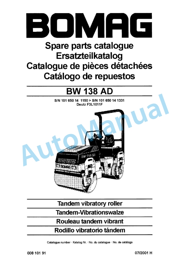 Bomag BW 138 AD Tandem Vibratory Roller Spare Parts Catalogue 00810191