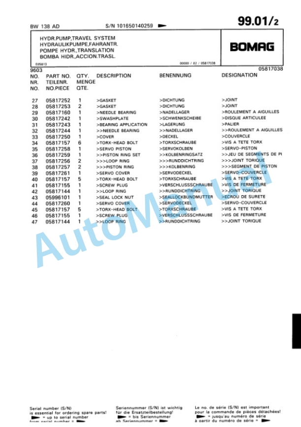 Bomag BW 138 AD Tandem Vibratory Roller Spare Parts Catalogue 00818803-4