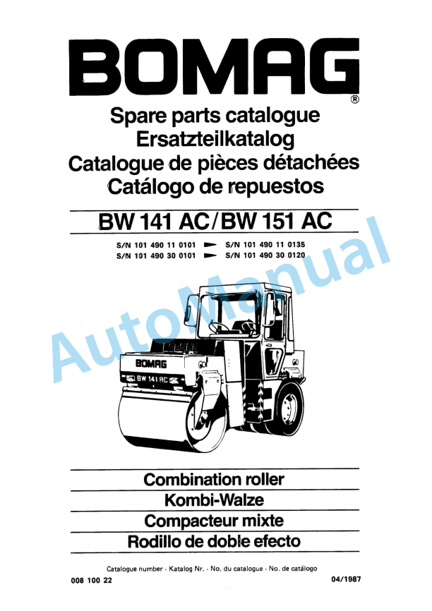 Bomag BW 141 AC, BW 151 AC Combination Roller Spare Parts Catalogue 00810022