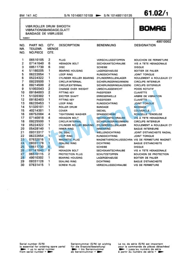 Bomag BW 141 AC, BW 151 AC Combination Roller Spare Parts Catalogue 00810022-3