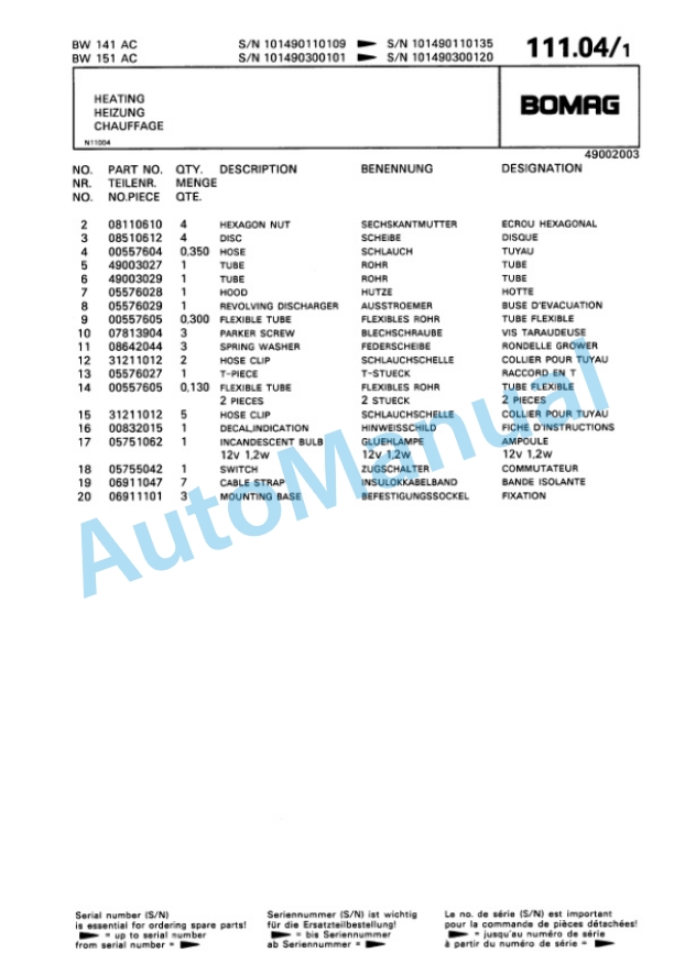 Bomag BW 141 AC, BW 151 AC Combination Roller Spare Parts Catalogue 00810022-4