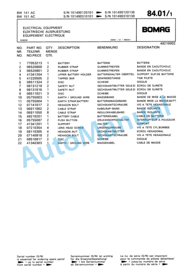 Bomag BW 141 AC, BW 151 AC Combination Roller Spare Parts Catalogue 00810030-3