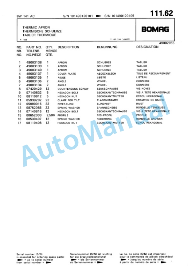 Bomag BW 141 AC, BW 151 AC Combination Roller Spare Parts Catalogue 00810030-5
