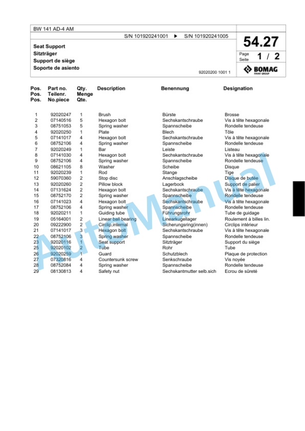 Bomag BW 141 AD-4 AM Tandem Vibratory Roller Spare Parts Catalogue 00818553-2