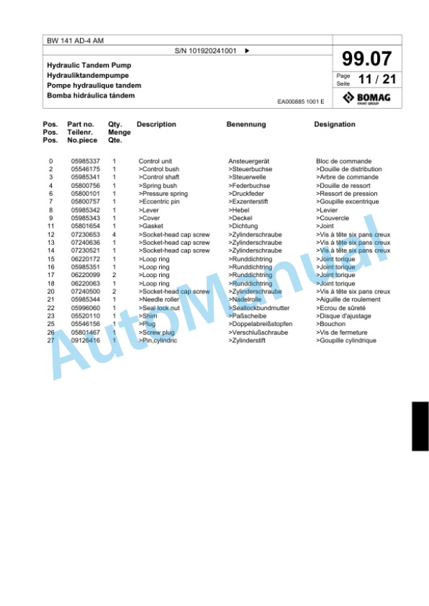 Bomag BW 141 AD-4 AM Tandem Vibratory Roller Spare Parts Catalogue 00818553-3
