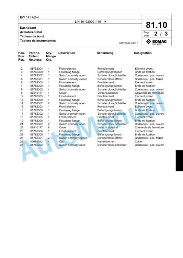 Bomag BW 141 AD-4 Tandem Vibratory Roller Spare Parts Catalogue 00817697-2