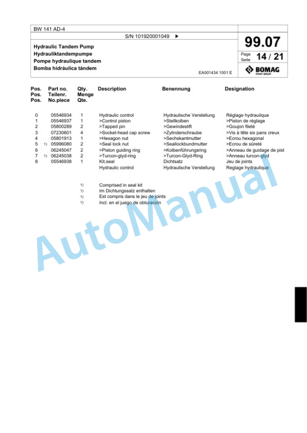 Bomag BW 141 AD-4 Tandem Vibratory Roller Spare Parts Catalogue 00817697-3