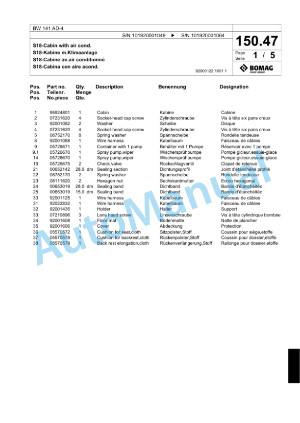 Bomag BW 141 AD-4 Tandem Vibratory Roller Spare Parts Catalogue 00817697-5