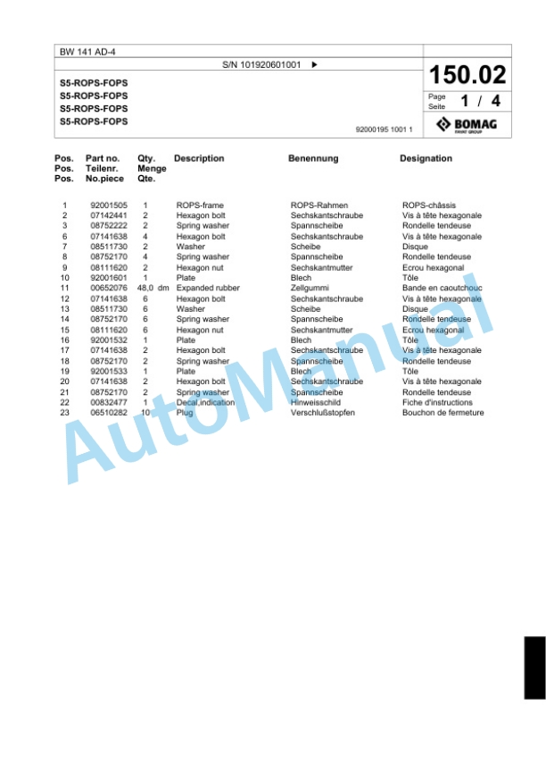 Bomag BW 141 AD-4 Tandem Vibratory Roller Spare Parts Catalogue 00818955-4