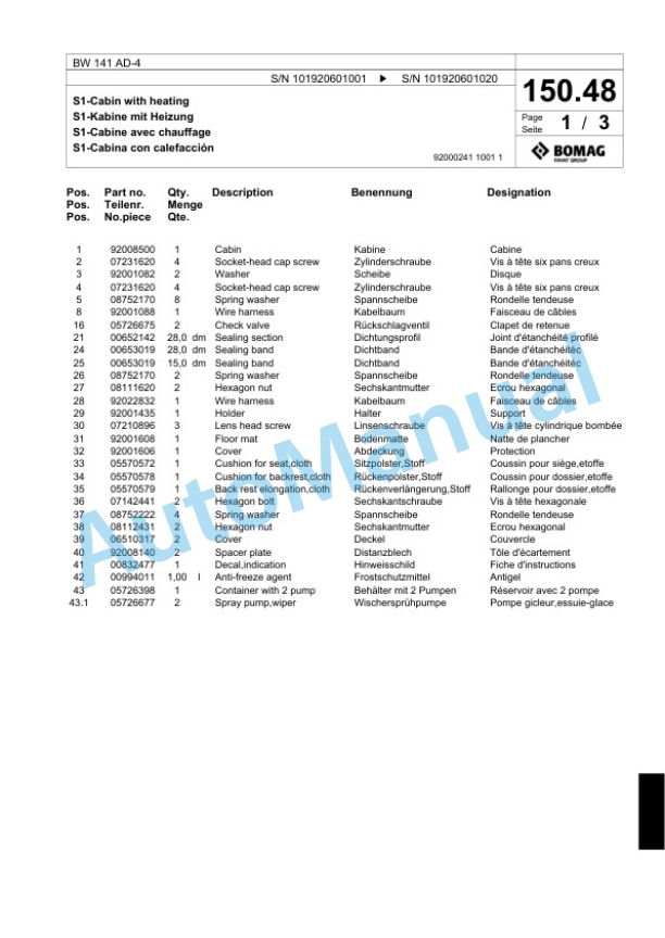 Bomag BW 141 AD-4 Tandem Vibratory Roller Spare Parts Catalogue 00818955-5