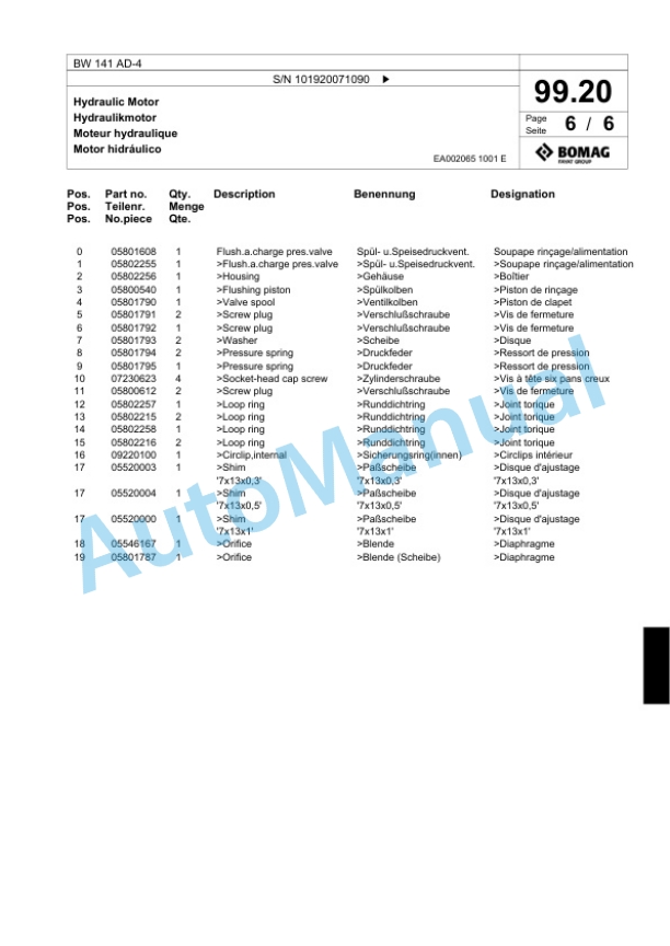 Bomag BW 141 AD-4 Tandem Vibratory Roller Spare Parts Catalogue 00818999-3
