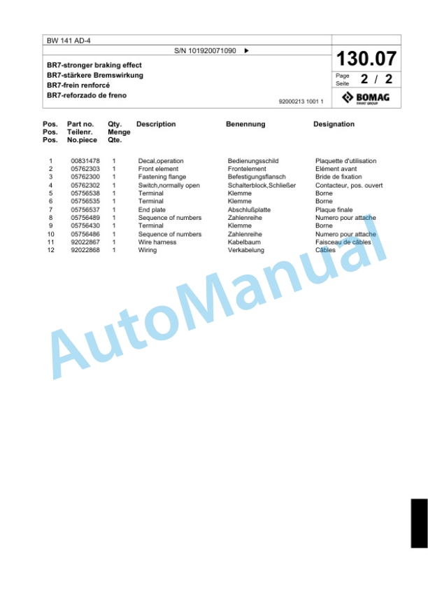 Bomag BW 141 AD-4 Tandem Vibratory Roller Spare Parts Catalogue 00818999-4