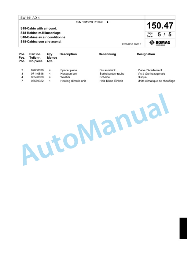 Bomag BW 141 AD-4 Tandem Vibratory Roller Spare Parts Catalogue 00818999-5