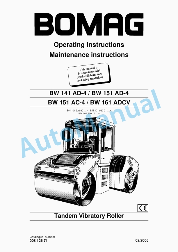 Bomag BW 141 AD-4 to BW 161 ADCV Tandem Vibratory Roller Operating and Maintenance Instructions 00812671