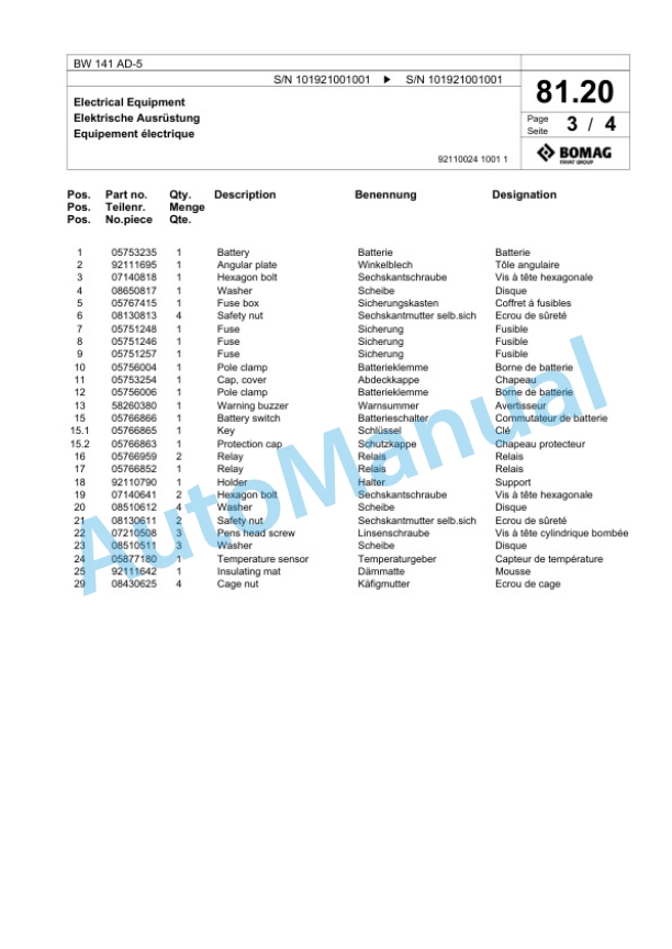 Bomag BW 141 AD-5 Tandem Vibratory Roller Spare Parts Catalogue 00824049-2