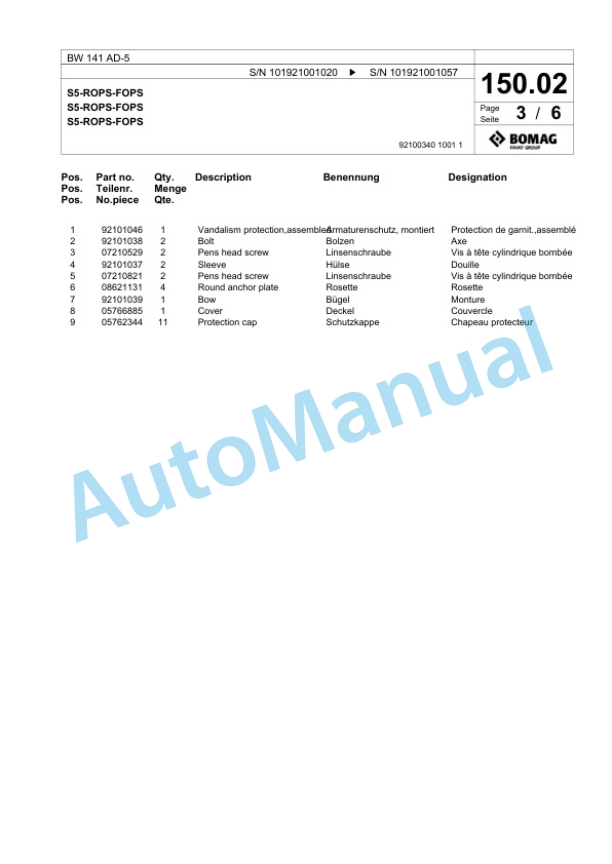 Bomag BW 141 AD-5 Tandem Vibratory Roller Spare Parts Catalogue 00824049-3
