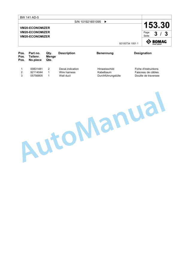 Bomag BW 141 AD-5 Tandem Vibratory Roller Spare Parts Catalogue 00825593-3
