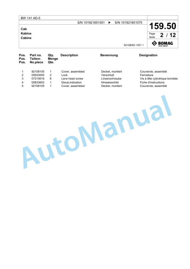 Bomag BW 141 AD-5 Tandem Vibratory Roller Spare Parts Catalogue 00825593-4