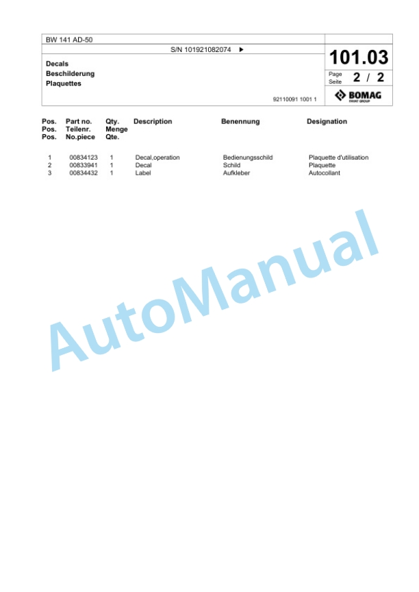 Bomag BW 141 AD-50 Tandem Vibratory Roller Spare Parts Catalogue 00824059-3