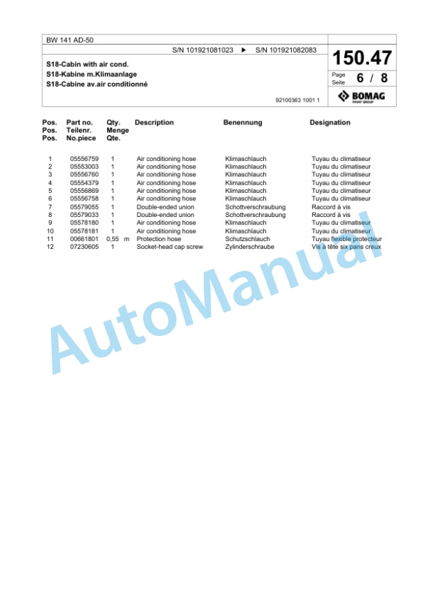 Bomag BW 141 AD-50 Tandem Vibratory Roller Spare Parts Catalogue 00824059-4