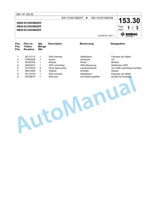 Bomag BW 141 AD-50 Tandem Vibratory Roller Spare Parts Catalogue 00824059-5