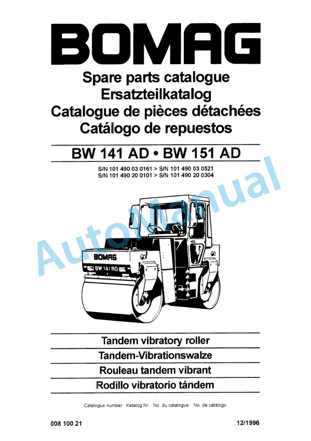 Bomag BW 141 AD, BW 151 AD Tandem Vibratory Roller Spare Parts Catalogue 00810021