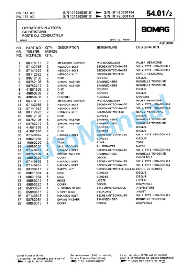 Bomag BW 141 AD, BW 151 AD Tandem Vibratory Roller Spare Parts Catalogue 00810021-2