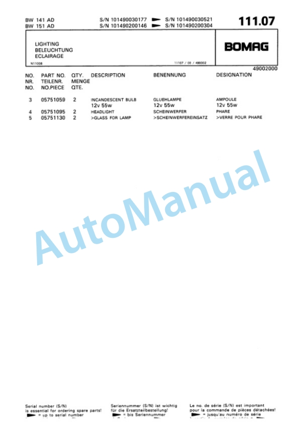 Bomag BW 141 AD, BW 151 AD Tandem Vibratory Roller Spare Parts Catalogue 00810021-3