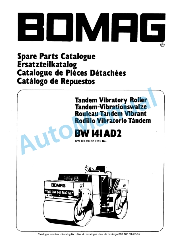 Bomag BW 141 AD2 Tandem Vibratory Roller Spare Parts Catalogue 00810031