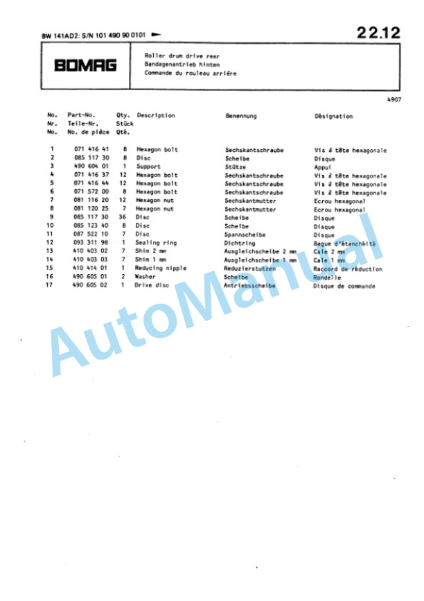 Bomag BW 141 AD2 Tandem Vibratory Roller Spare Parts Catalogue 00810031-2