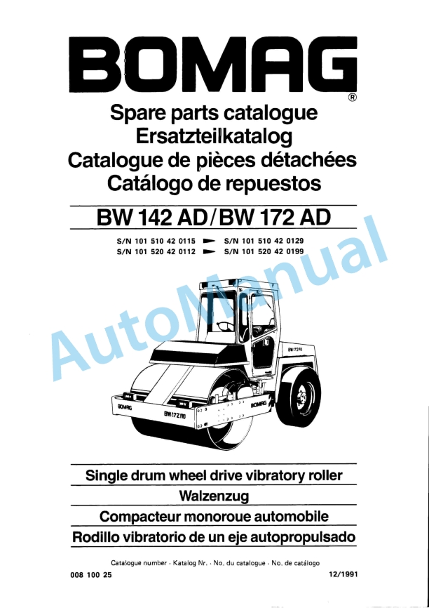 Bomag BW 142 AD, BW 172 AD Single Drum Wheel Drive Vibratory Roller Spare Parts Catalogue 00810025
