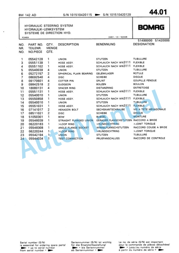 Bomag BW 142 AD, BW 172 AD Single Drum Wheel Drive Vibratory Roller Spare Parts Catalogue 00810025-3