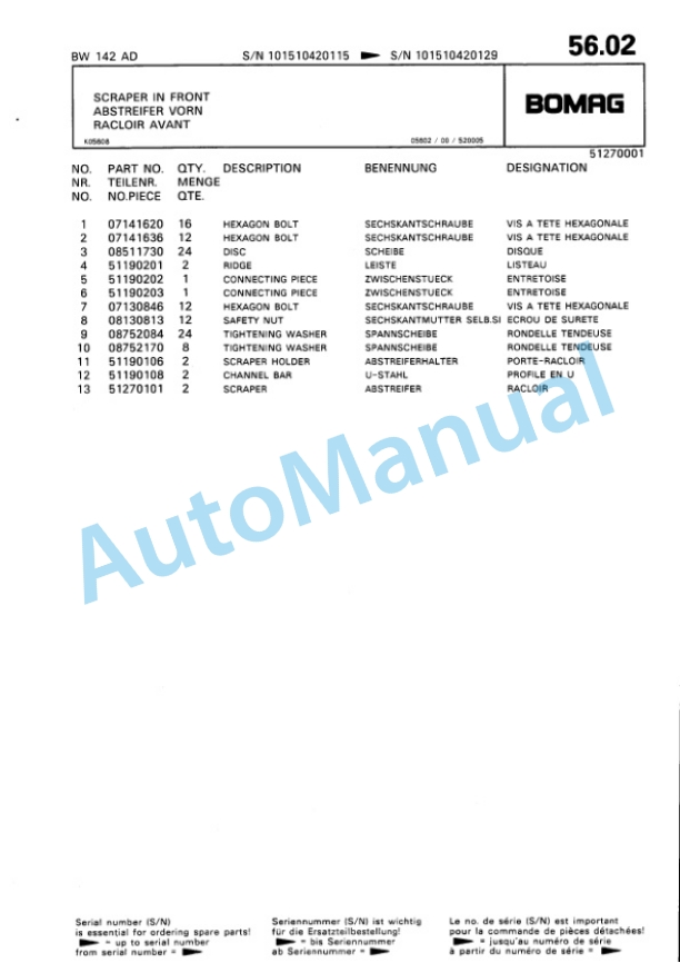 Bomag BW 142 AD, BW 172 AD Single Drum Wheel Drive Vibratory Roller Spare Parts Catalogue 00810025-4