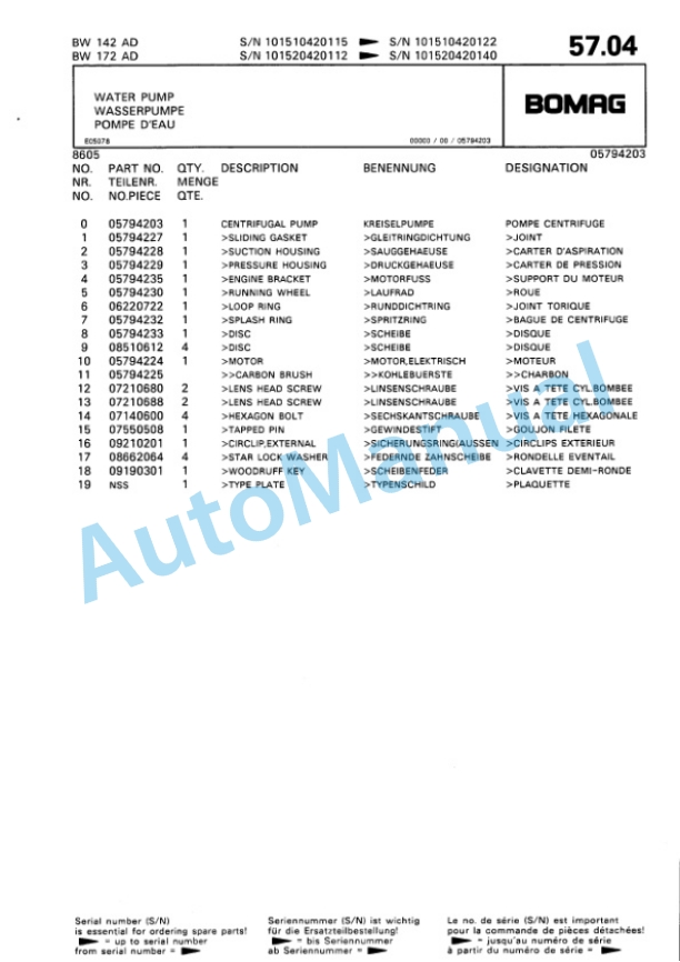 Bomag BW 142 AD, BW 172 AD Single Drum Wheel Drive Vibratory Roller Spare Parts Catalogue 00810025-5