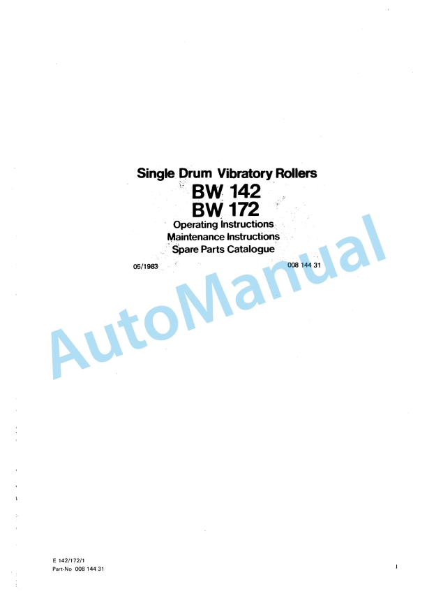 Bomag BW 142, BW 172 Single Drum Vibratory Roller Spare Parts Catalogue 00814431