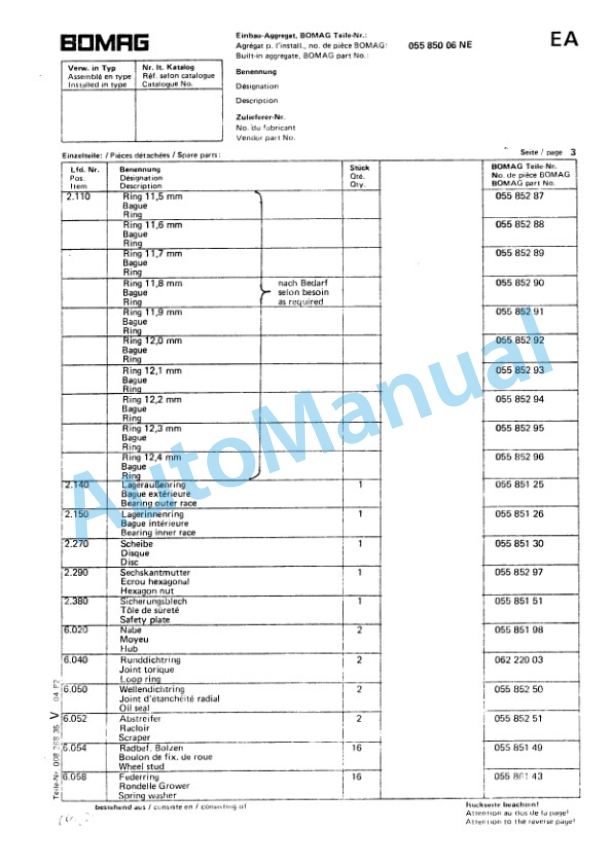 Bomag BW 142, BW 172 Single Drum Vibratory Roller Spare Parts Catalogue 00814431-3